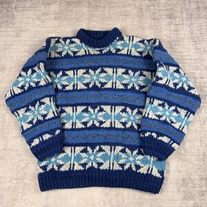 Vtg Hand Knit Sweater Mens Large Blue Amos & Andres Snow Flake Fair Isle Wool